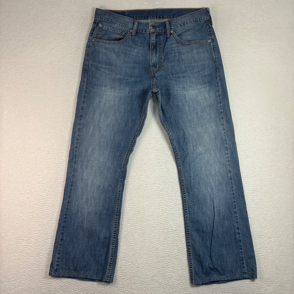 Levis 527 Slim Bootcut Jeans Men 34x30 Blue Whiskered Distressed Faded Western